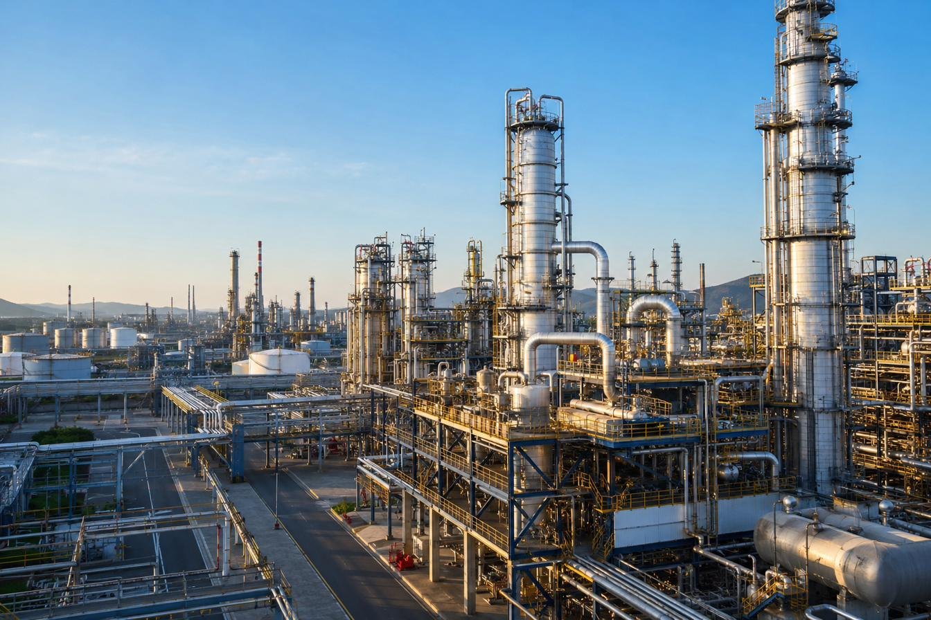 Process columns and piping at a petroleum refinery at dusk